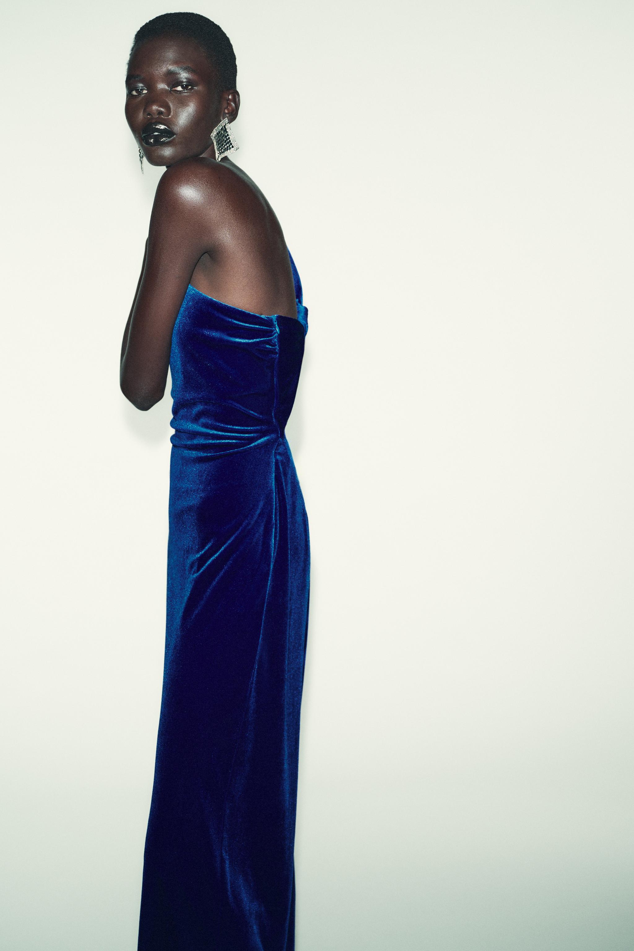 ASYMMETRIC VELVET MIDI DRESS